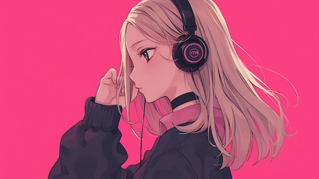 chica de anime con auriculares en el fondo rosa