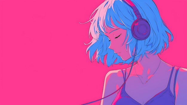 chica de anime con auriculares en el fondo rosa