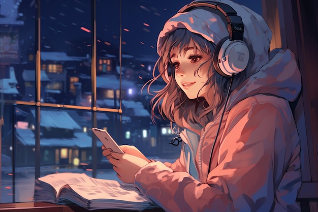 Chica anime con auriculares mirando su teléfono mientras está sentada junto a una ventana generativa ai