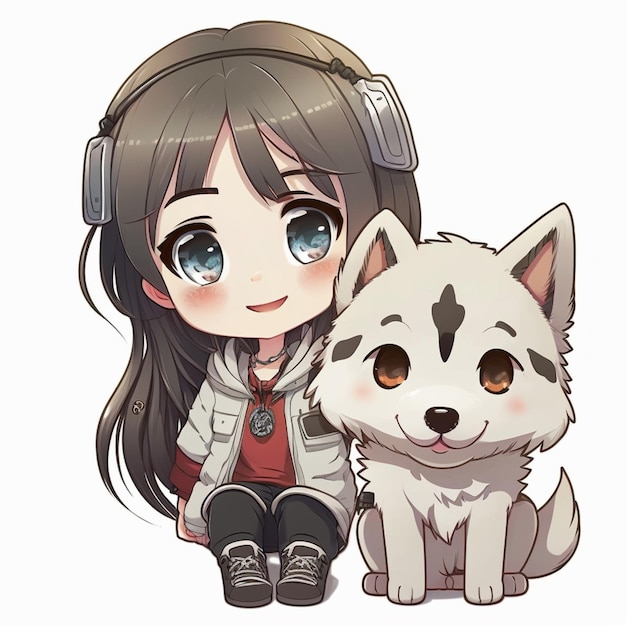 Chica anime con auriculares y un perro husky ai generativo.