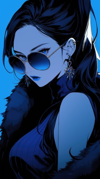 una chica anime en azul con gafas de sol