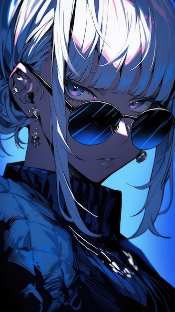 una chica anime en azul con gafas de sol