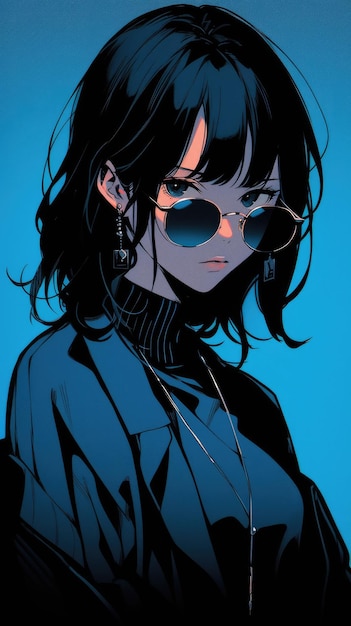 una chica anime en azul con gafas de sol