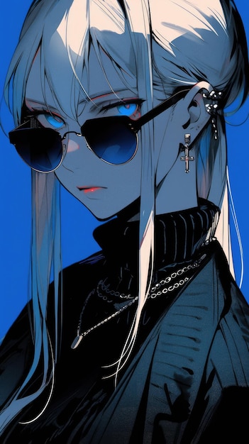 una chica anime en azul con gafas de sol