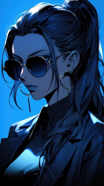 una chica anime en azul con gafas de sol