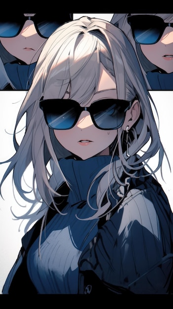 una chica anime en azul con gafas de sol