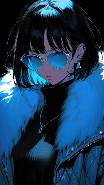 una chica anime en azul con gafas de sol