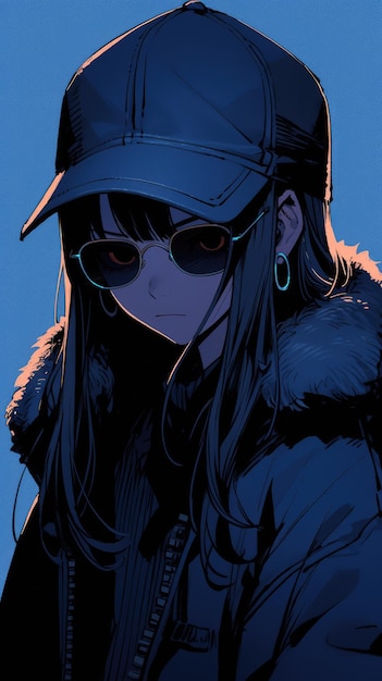 una chica anime en azul marino con gafas de sol