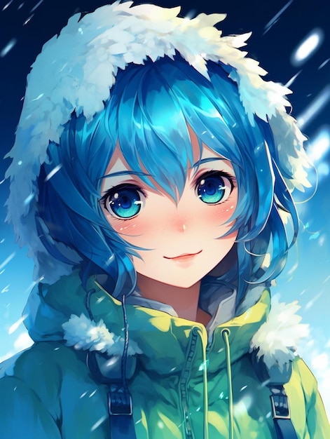 Foto una chica de anime azul con un suéter verde y un copo de nieve en la cabeza