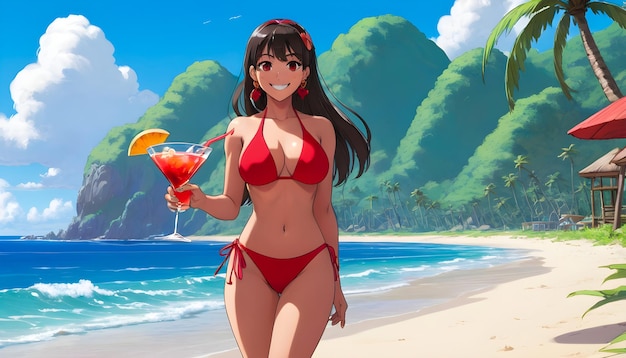 una chica de anime en bikini rojo en una playa con una isla tropical en el fondo vacaciones vacaciones