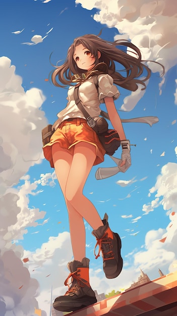 Chica de anime con botas en el aire con nubes detrás de su IA generativa