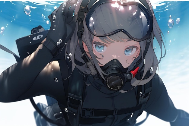 Chica de anime de buceo en un traje con una máscara en la cabeza