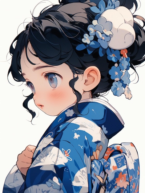 chica anime con cabello azul y un kimono azul ai generativo