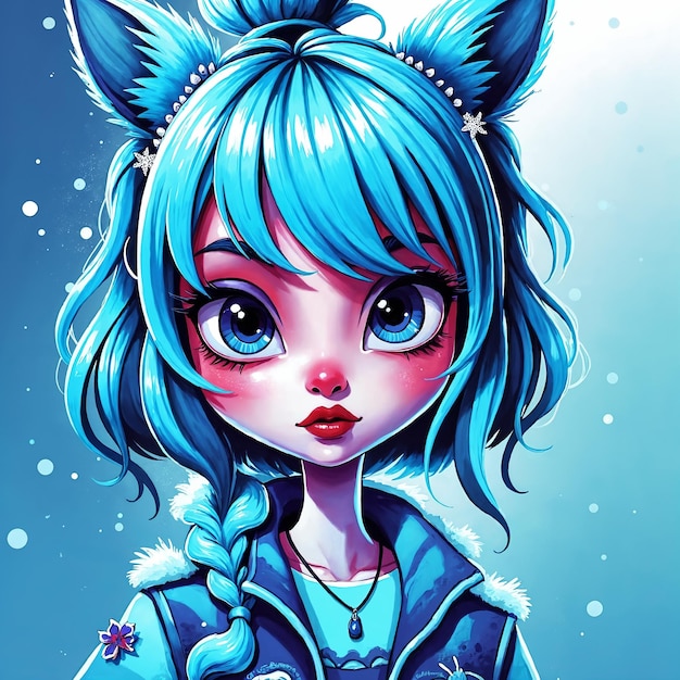 Chica de anime con cabello azul y orejas de lobo