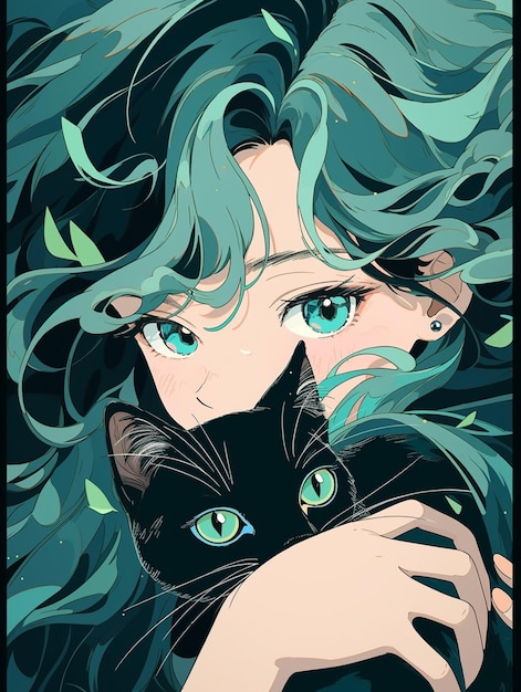 Chica anime con cabello azul sosteniendo un gato negro en sus brazos ai generativo