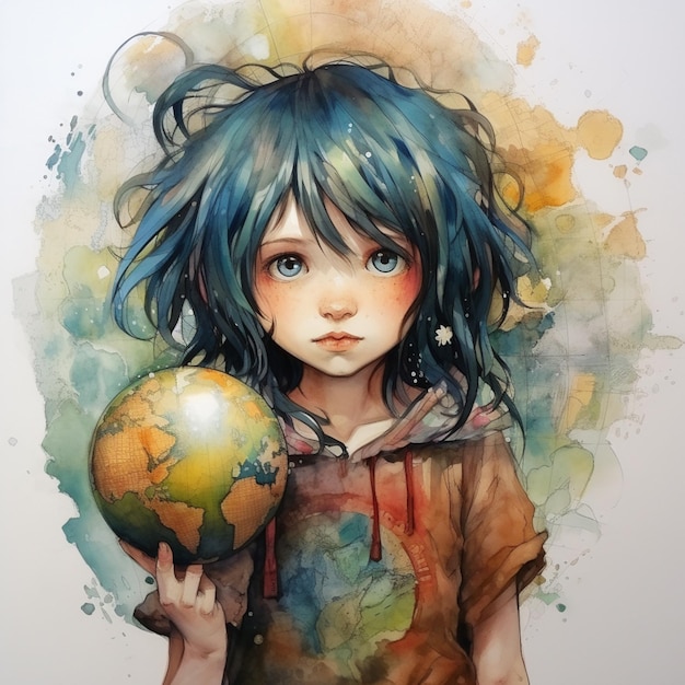 Chica anime con cabello azul sosteniendo un globo en sus manos ai generativo