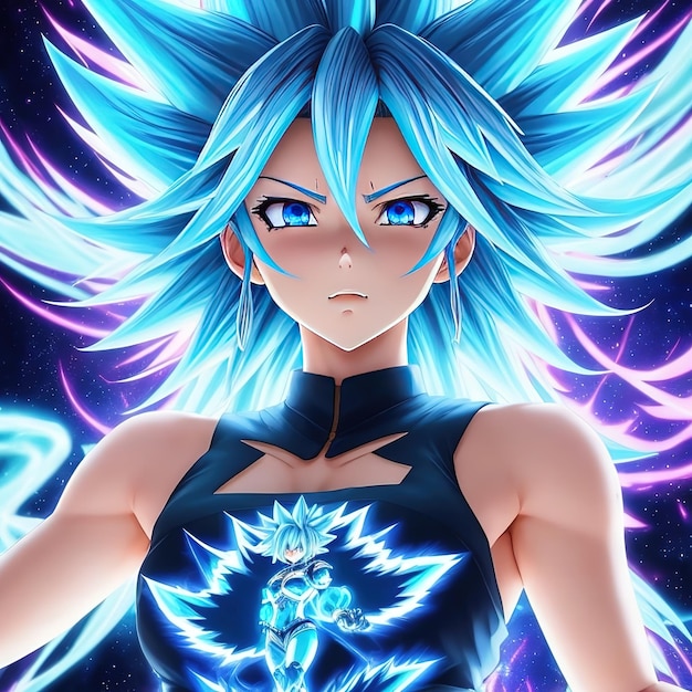 Chica anime con cabello azul y un top negro con un logo azul que dice "no game no life".