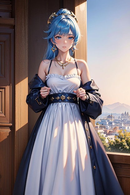 Chica anime con cabello azul y vestido azul.