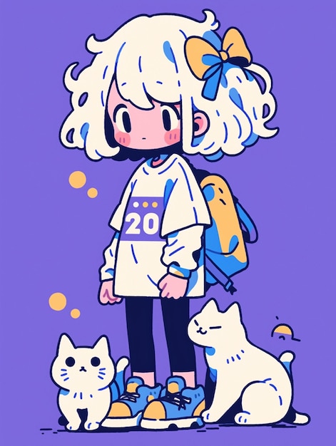 chica de anime con cabello blanco y una mochila de pie junto a dos gatos generativo ai