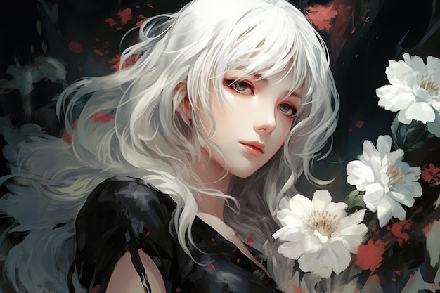 chica anime con cabello blanco y un vestido negro con flores en la parte inferior