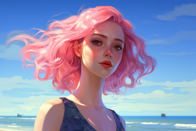 Una chica anime con cabello colorido disfruta de un día de playa futurista