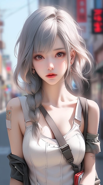 chica de anime con cabello gris y una mochila en una calle de la ciudad generativa ai