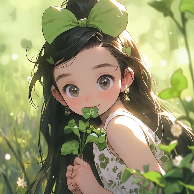 chica de anime con el cabello largo y el arco verde sosteniendo una flor generativa ai