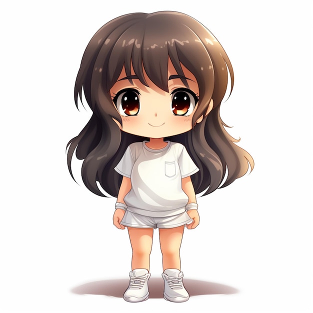 chica de anime con cabello largo y camisa blanca de pie frente a un fondo blanco generativo ai