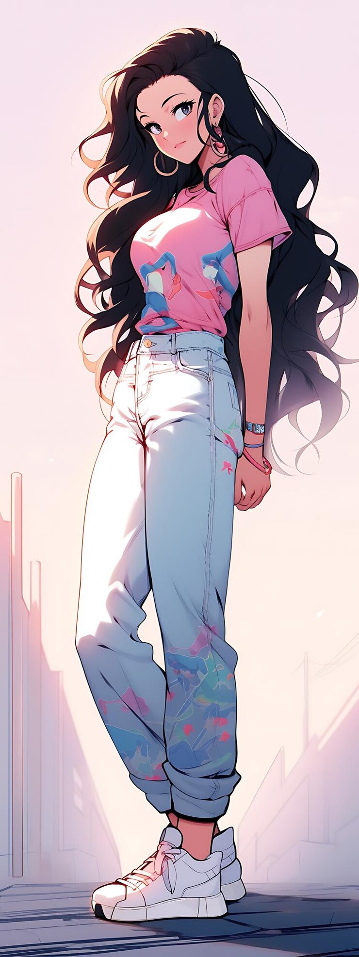 chica de anime con cabello largo y camisa rosa de pie en una repisa