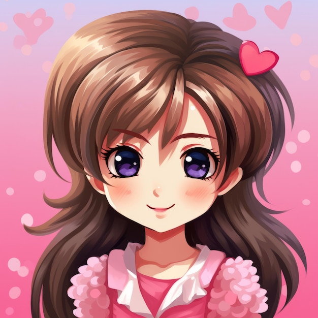 Chica anime con cabello largo y castaño y una camisa rosa.