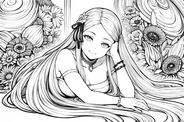 Chica anime con cabello largo y una flor en la cabeza.