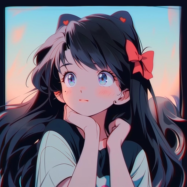 Chica de anime con cabello largo y negro y un arco rojo generativo ai