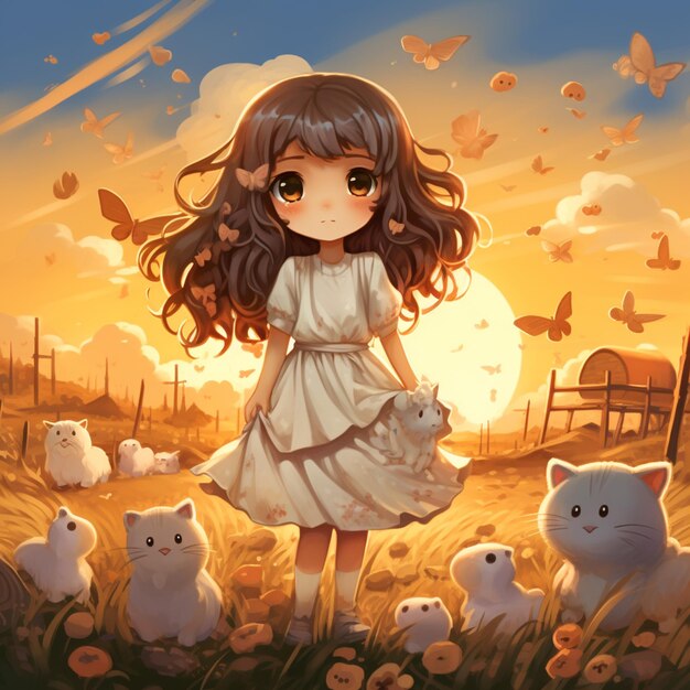 chica de anime con cabello largo de pie en un campo con gatitos generativo ai