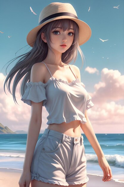 Una chica de anime con el cabello largo y un sombrero se encuentra en una playa ai generativo