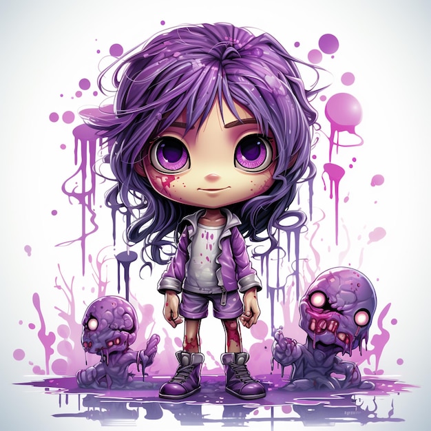 chica anime con cabello morado y ojos morados parada frente a una ai generativa zombie