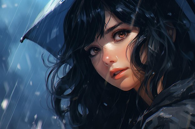 Chica de anime con cabello negro y una capa negra en la lluvia