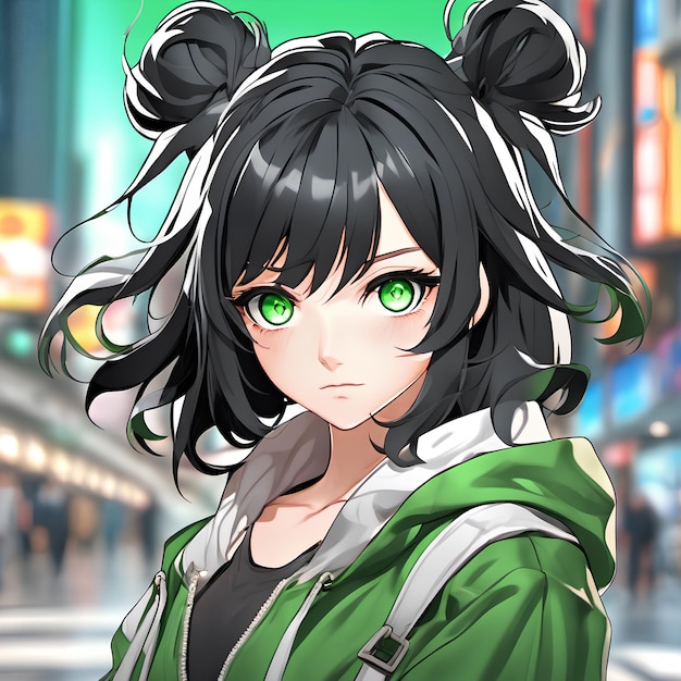 Chica anime con cabello negro y ojos verdes profundos.