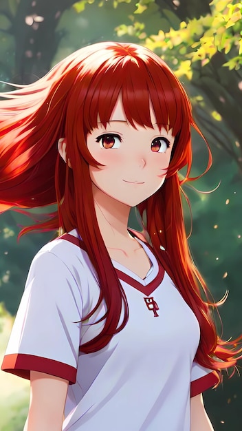 chica anime con cabello rojo y camisa blanca