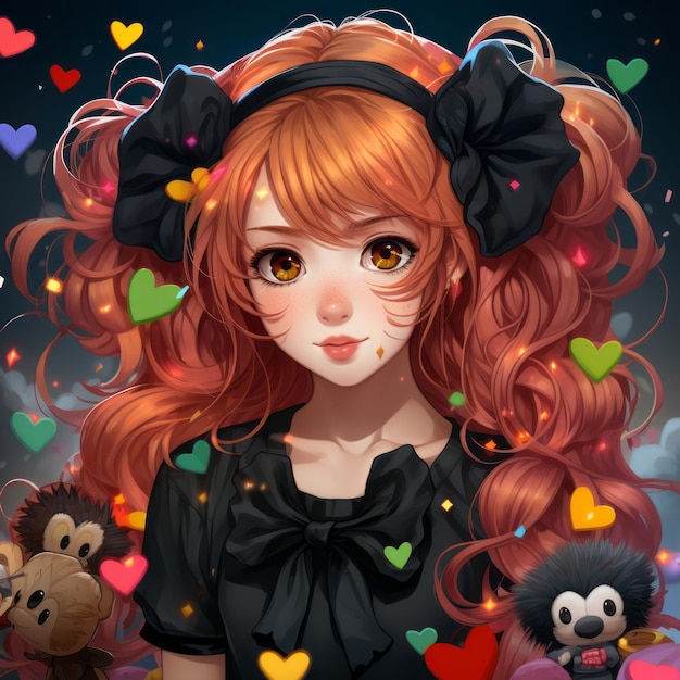 Chica anime con cabello rojo rodeada de corazones.