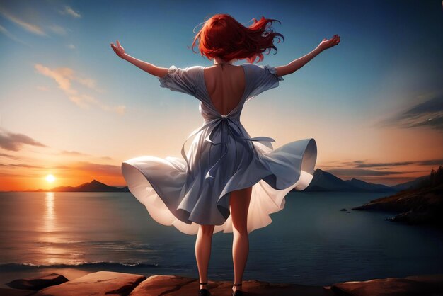 Foto chica anime con cabello rojo y vestido largo blanco junto al mar al atardecer vista posterior ia generativa