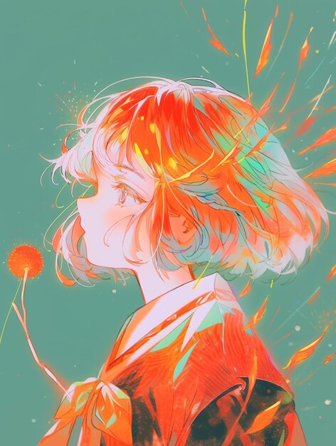 chica de anime con el cabello rojo y el vestido naranja sosteniendo una flor generativa ai