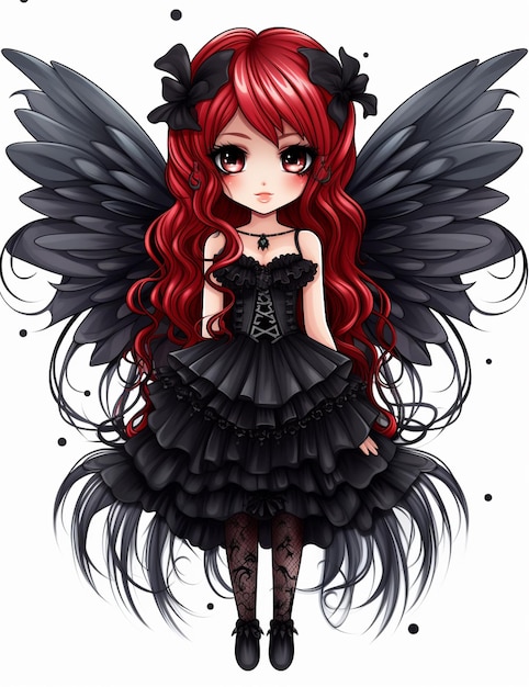 chica de anime con cabello rojo y vestido negro con alas generativo ai