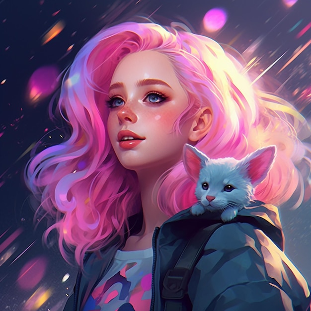 Chica de anime con cabello rosa y un gato en el hombro