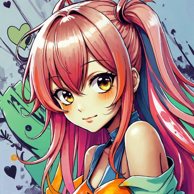 Chica de anime con cabello rosa y ojos amarillos