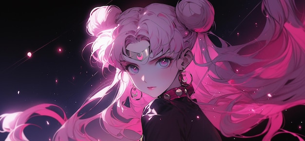 chica anime con cabello rosado y un top negro con cuello rosa ai generativo