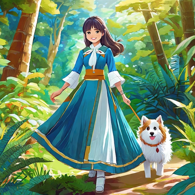 chica de anime caminando con un perro en una jungla