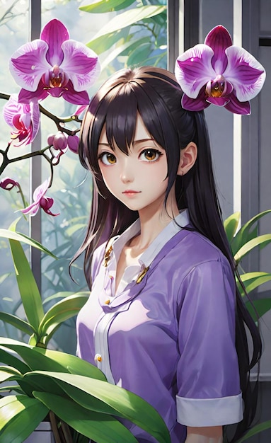 una chica de anime con una camisa púrpura y una flor en el cabello