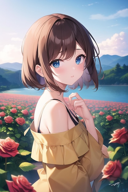 Chica anime en un campo de flores.