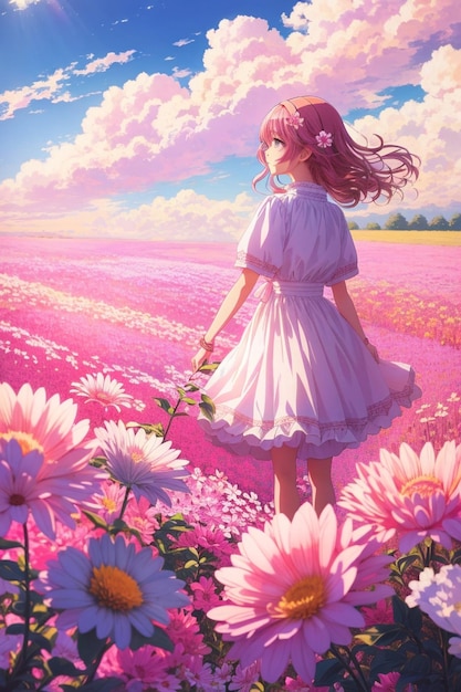 Chica anime en un campo de flores.