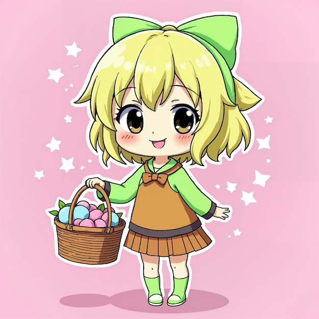 Chica de anime con canasta de Pascua y huevos